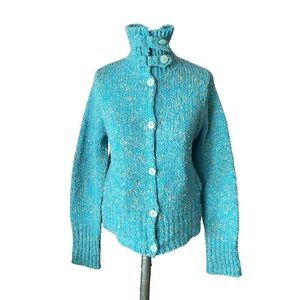 Relais Blue Speckled High Neckline Cottagecore Cardigan Sweater Size Medium